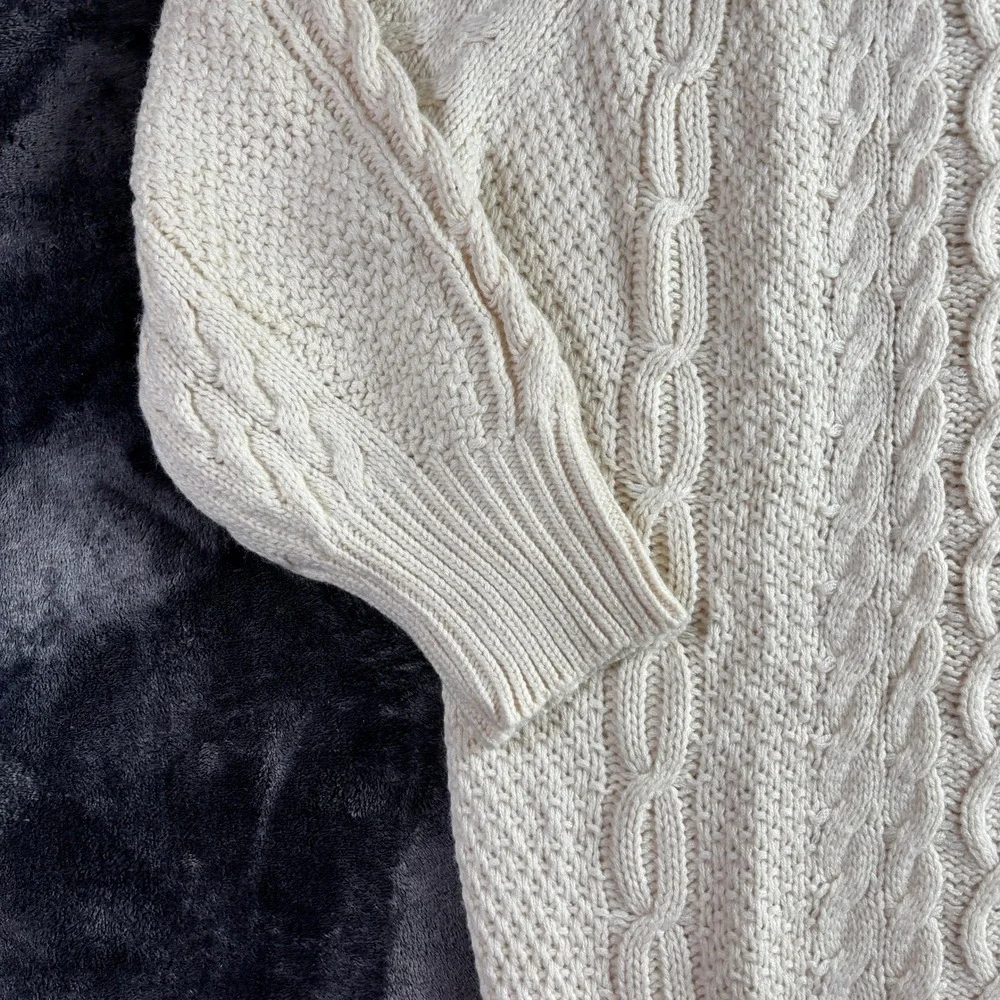 Cream Cable‎ Knit Oversized Crewneck Sweater XL Unisex Fisherman Chunky
